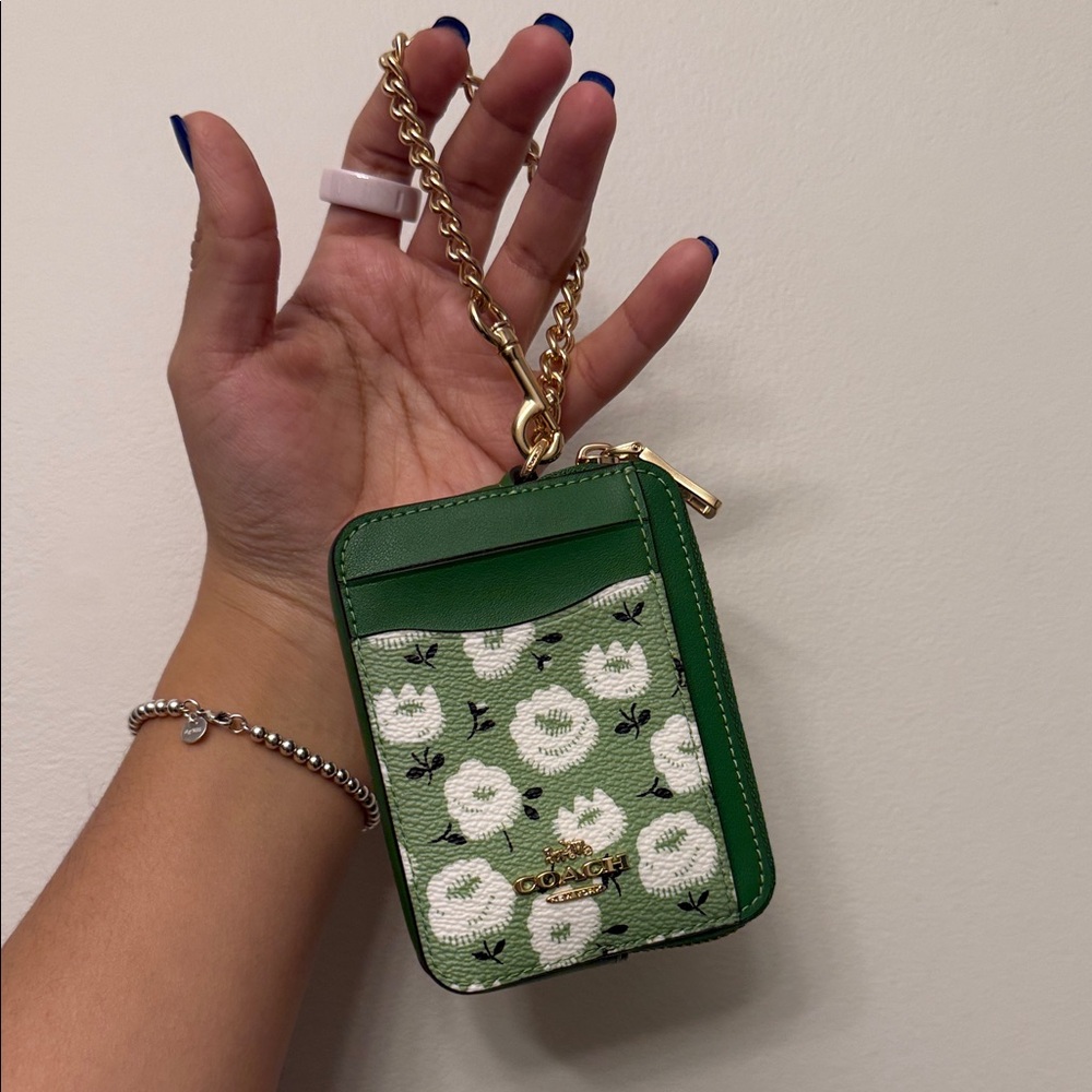 Coach Green Floral Cardholder with Gold Chain NEW